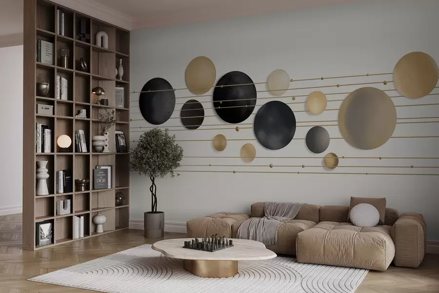murais de parede Design moderno abstrato com círculos texturizados em tons de branco, amarelo e cinza, conectados por linhas finas, arte minimalista  w09060