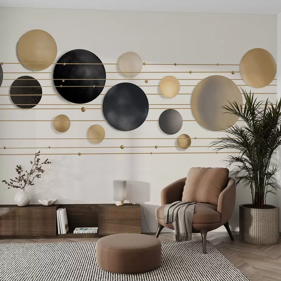 murais de parede Design moderno abstrato com círculos texturizados em tons de branco, amarelo e cinza, conectados por linhas finas, arte minimalista  w09060