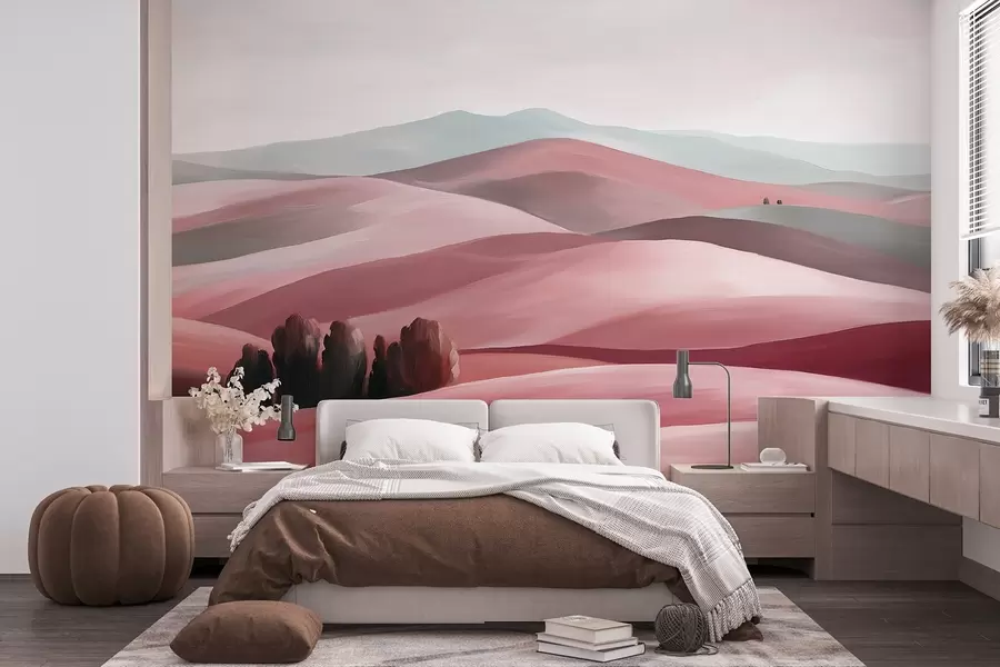 murais de parede Paisagens com árvores, Toscana, cores rosa, estilo a óleo w03880v2