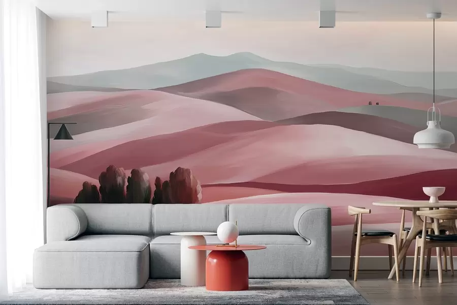 murais de parede Paisagens com árvores, Toscana, cores rosa, estilo a óleo w03880v2