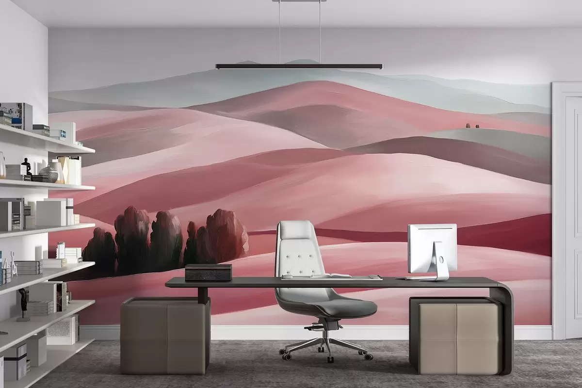 murais de parede Paisagens com árvores, Toscana, cores rosa, estilo a óleo w03880v2