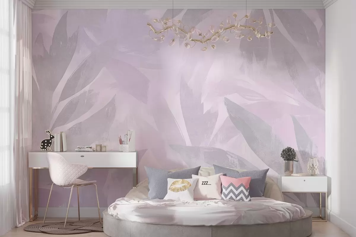 murais de parede Folhas tropicais, florais, palmeiras, estilo pastel, cores roxas w03881v1