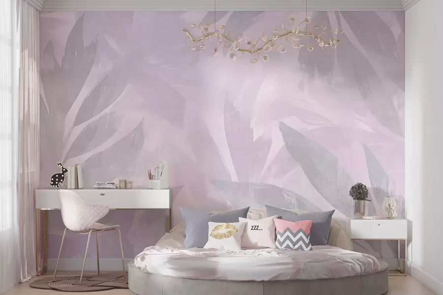 murais de parede Folhas tropicais, florais, palmeiras, estilo pastel, cores roxas w03881v1