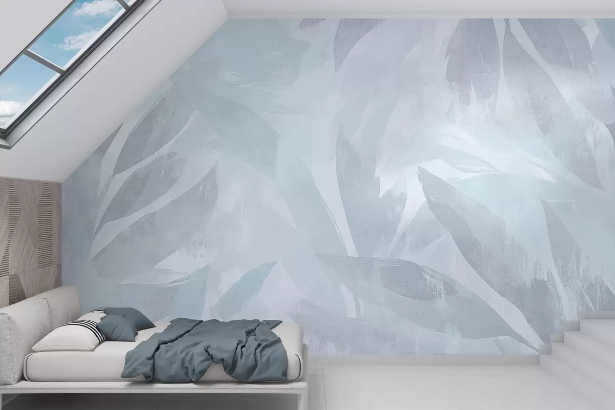 murais de parede Folhas tropicais, florais, palmeiras, estilo pastel, cores azuis w03881v2