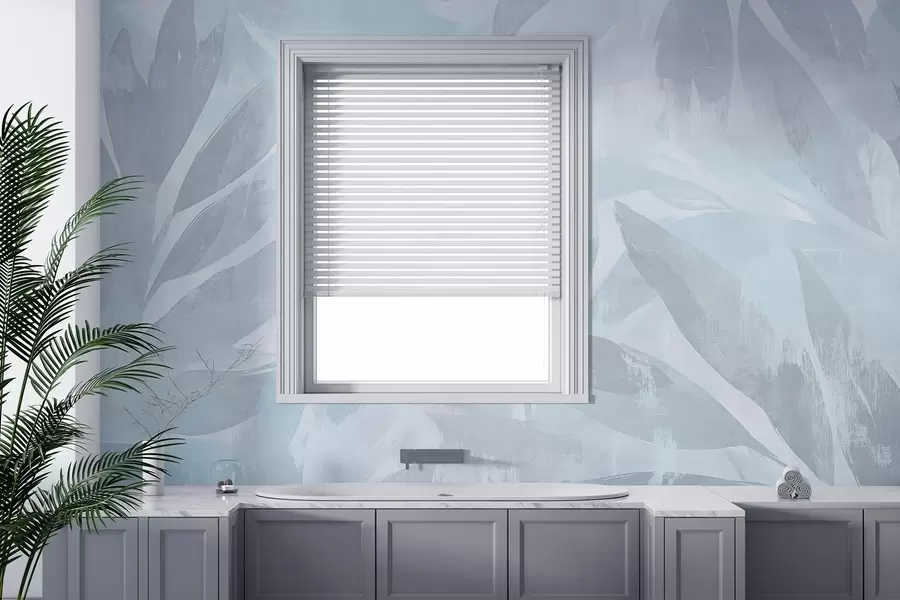 murais de parede Folhas tropicais, florais, palmeiras, estilo pastel, cores azuis w03881v2