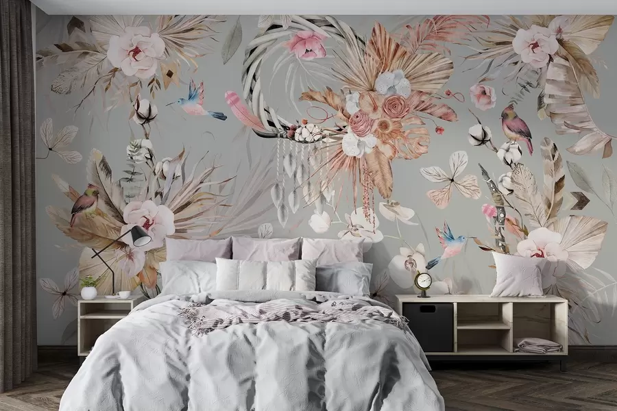 murais de parede Ornamento estilo Boho com flores de peônia e pássaros, estilo aquarela, cores bege w03885