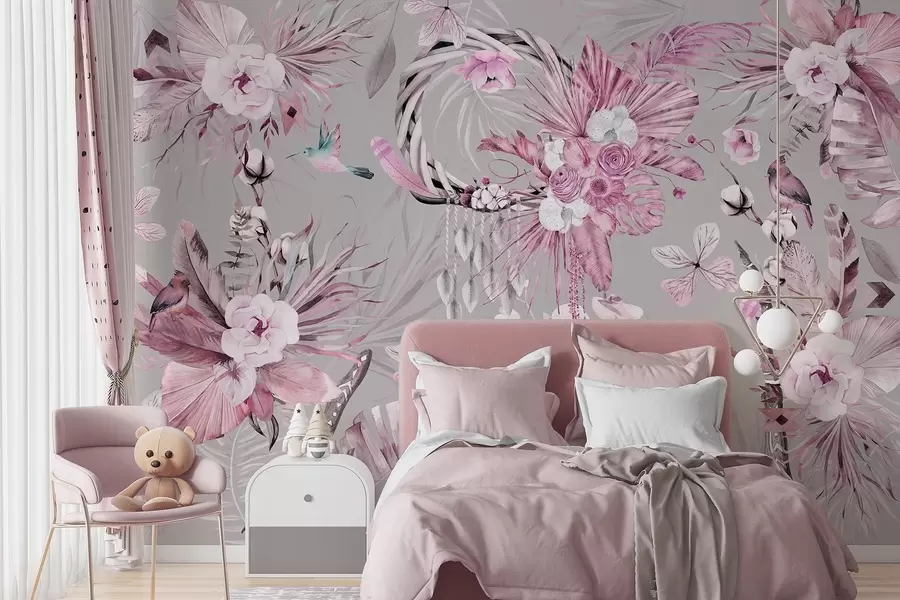 murais de parede Ornamento estilo Boho com flores de peônia e pássaros, estilo aquarela, cores rosa w03885v1