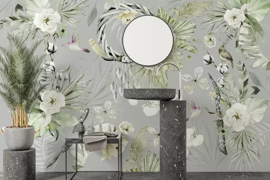 murais de parede Ornamento estilo Boho com flores de peônia e pássaros, estilo aquarela, cores verdes w03885v2