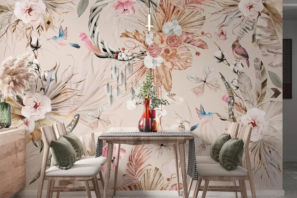 murais de parede Ornamento estilo Boho com flores de peônia e pássaros, estilo aquarela, cores suaves w03885v3