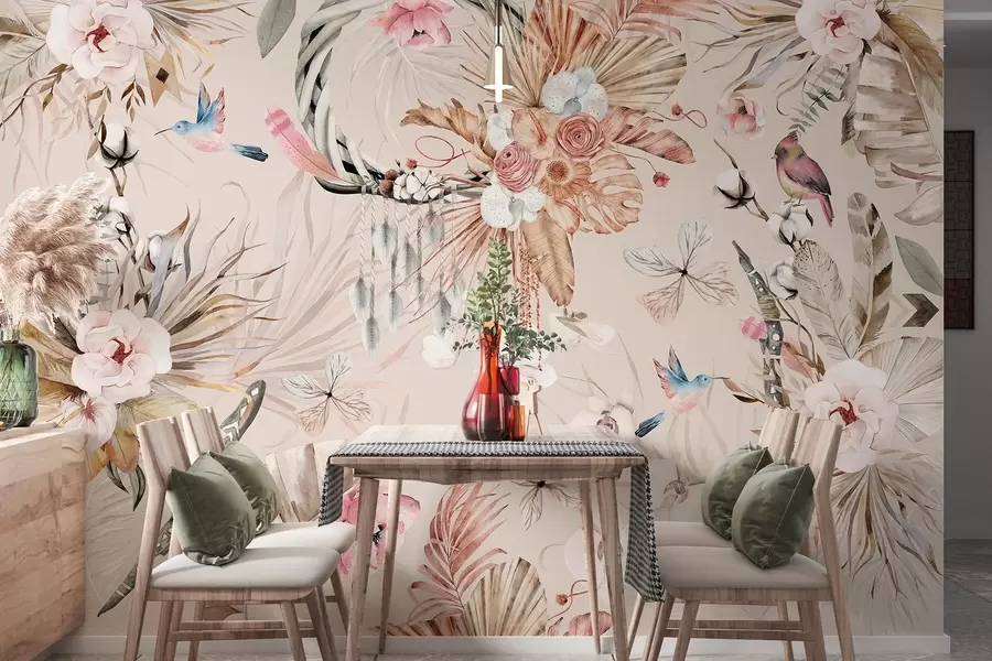 murais de parede Ornamento estilo Boho com flores de peônia e pássaros, estilo aquarela, cores suaves w03885v3