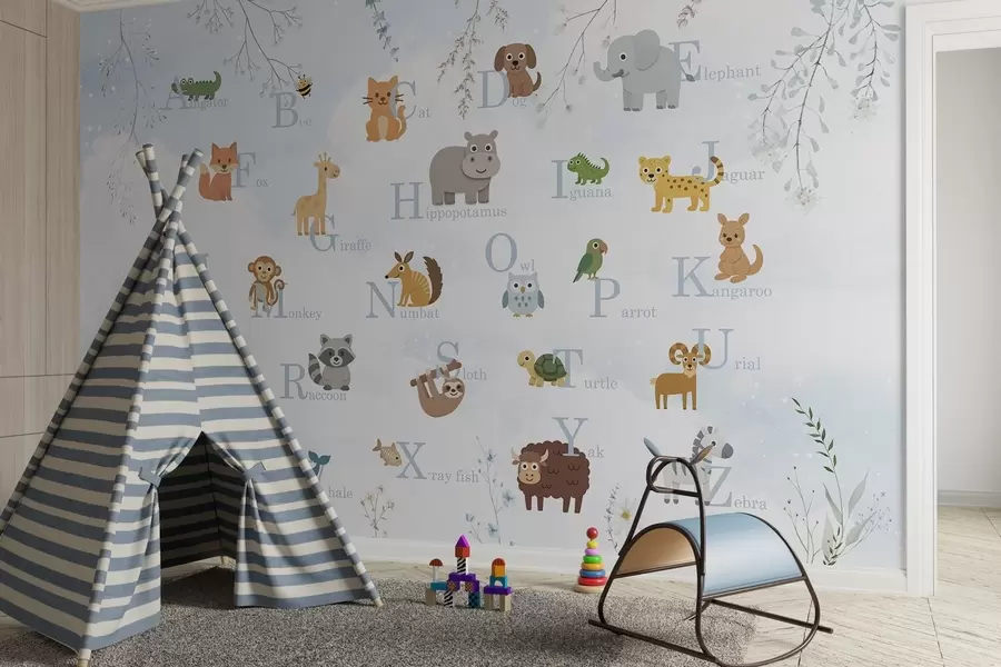 murais de parede Alfabeto com letras azuis, plantas e céu w03809v1