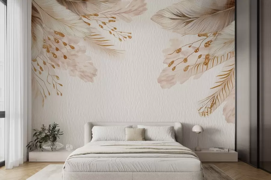 murais de parede Grama dos pampas e penas em estilo aquarela em bege e branco sobre papel w09079