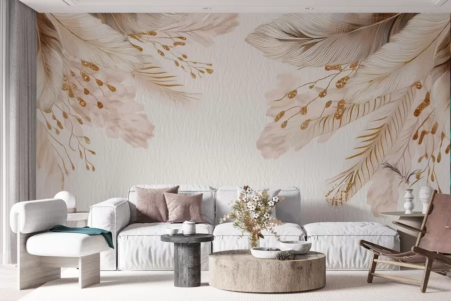 murais de parede Grama dos pampas e penas em estilo aquarela em bege e branco sobre papel w09079
