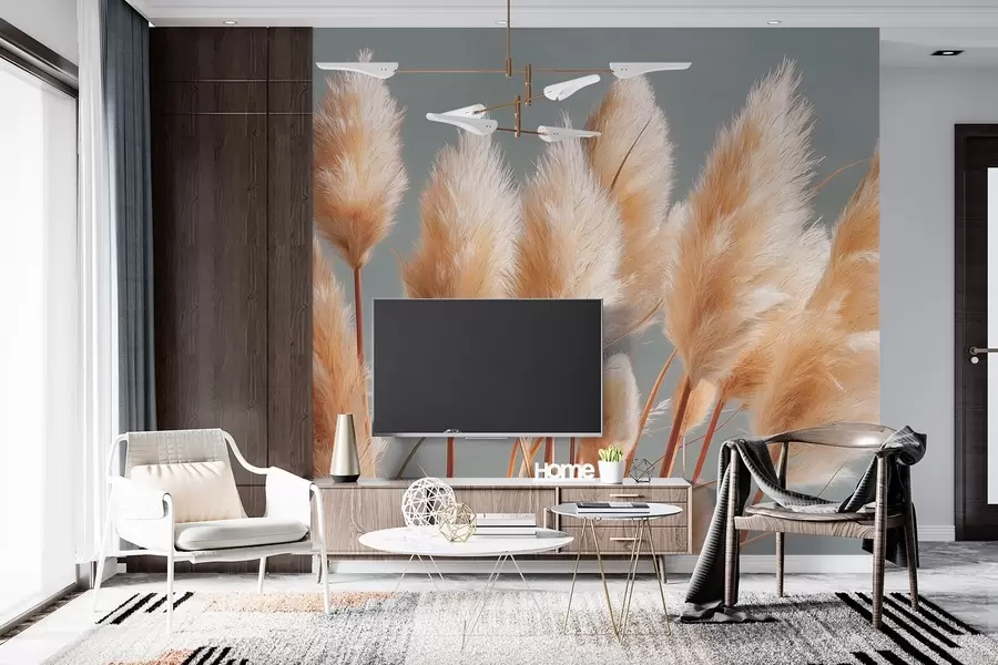 murais de parede Grama dos pampas bege em um fundo cinza-azulado w09083