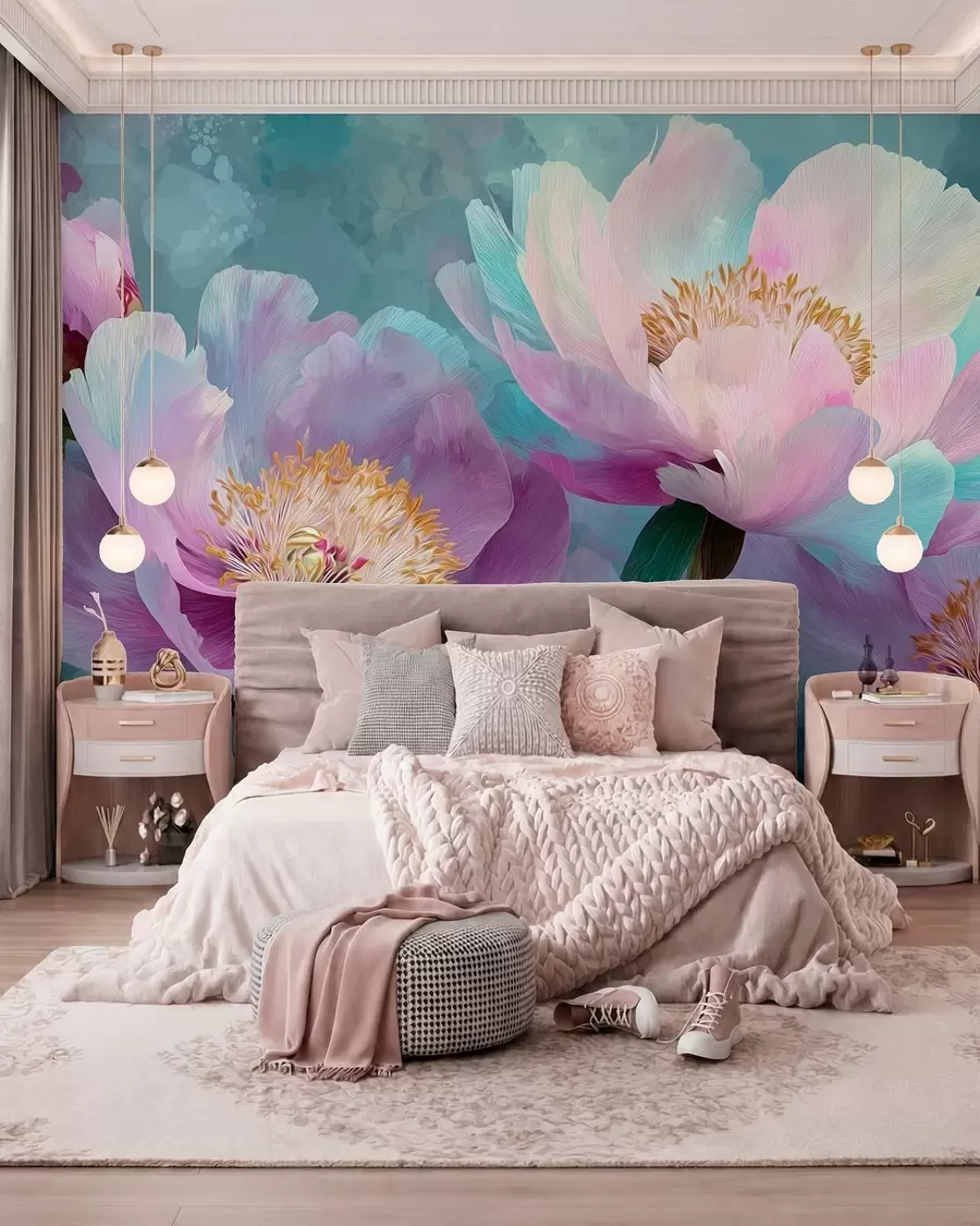 murais de parede Peônias coloridas em tons de azul e roxo w09087