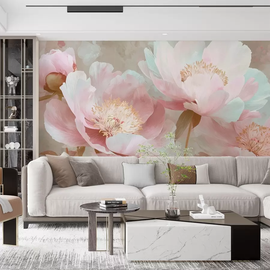 murais de parede Peônias delicadas em tons de rosa e bege w09087v1