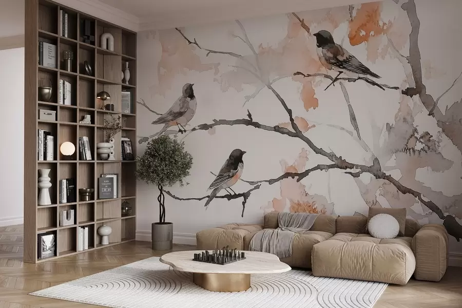 murais de parede Pássaros em galhos de árvores em estilo aquarela w09064v2