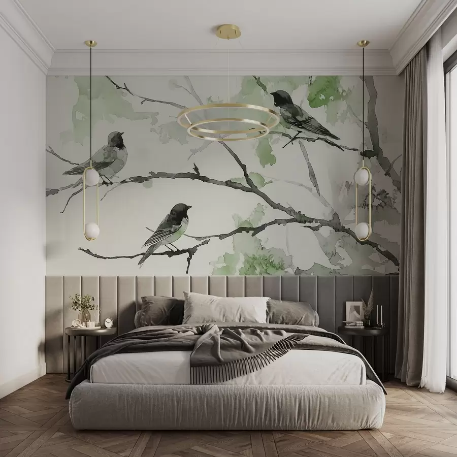 murais de parede Pássaros em galhos de árvores em estilo aquarela w09064v3