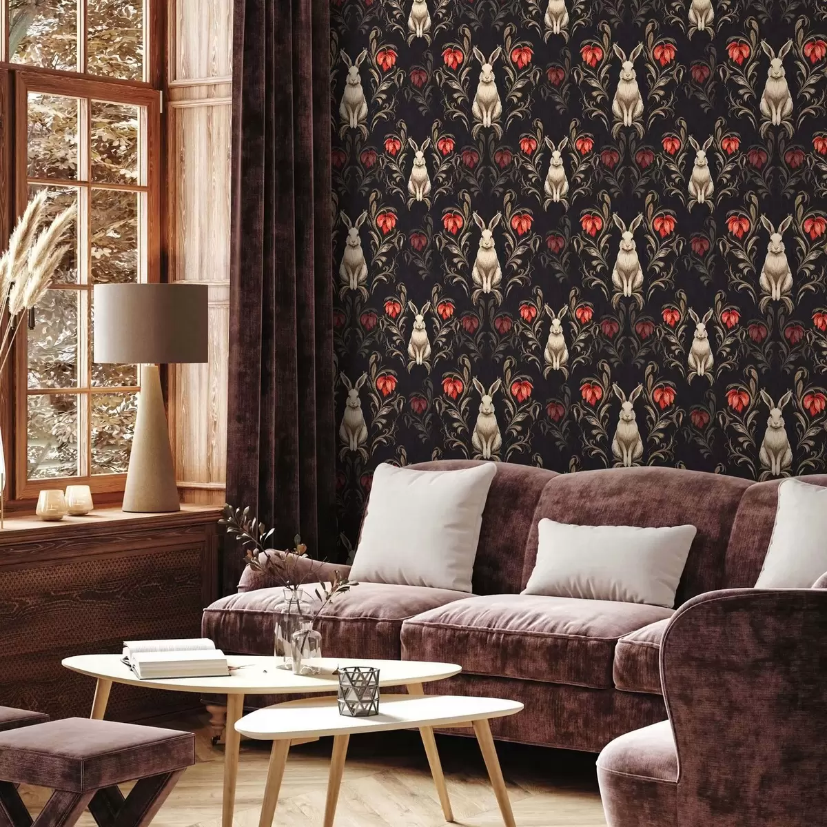 Papel de parede Lebre e flores vermelhas em um fundo escuro a00102