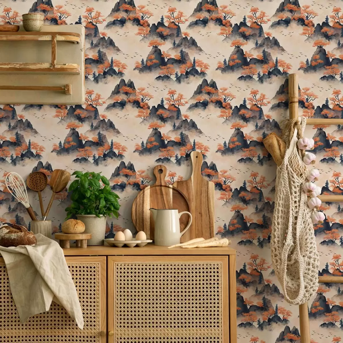 Papel de parede Montanhas de outono na neblina com árvores alaranjadas e pássaros a00104