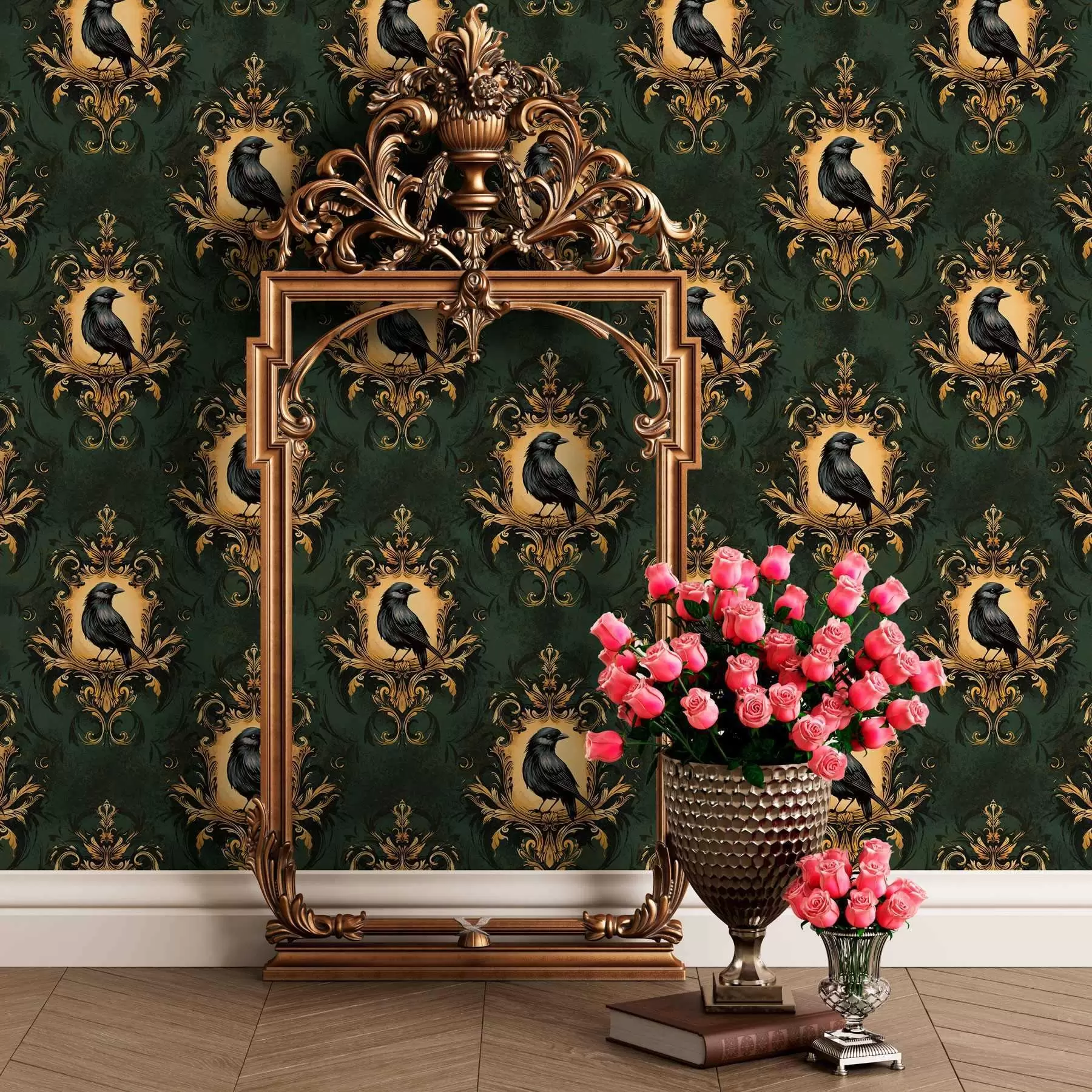murais de parede Corvo em uma moldura em um fundo verde a00105