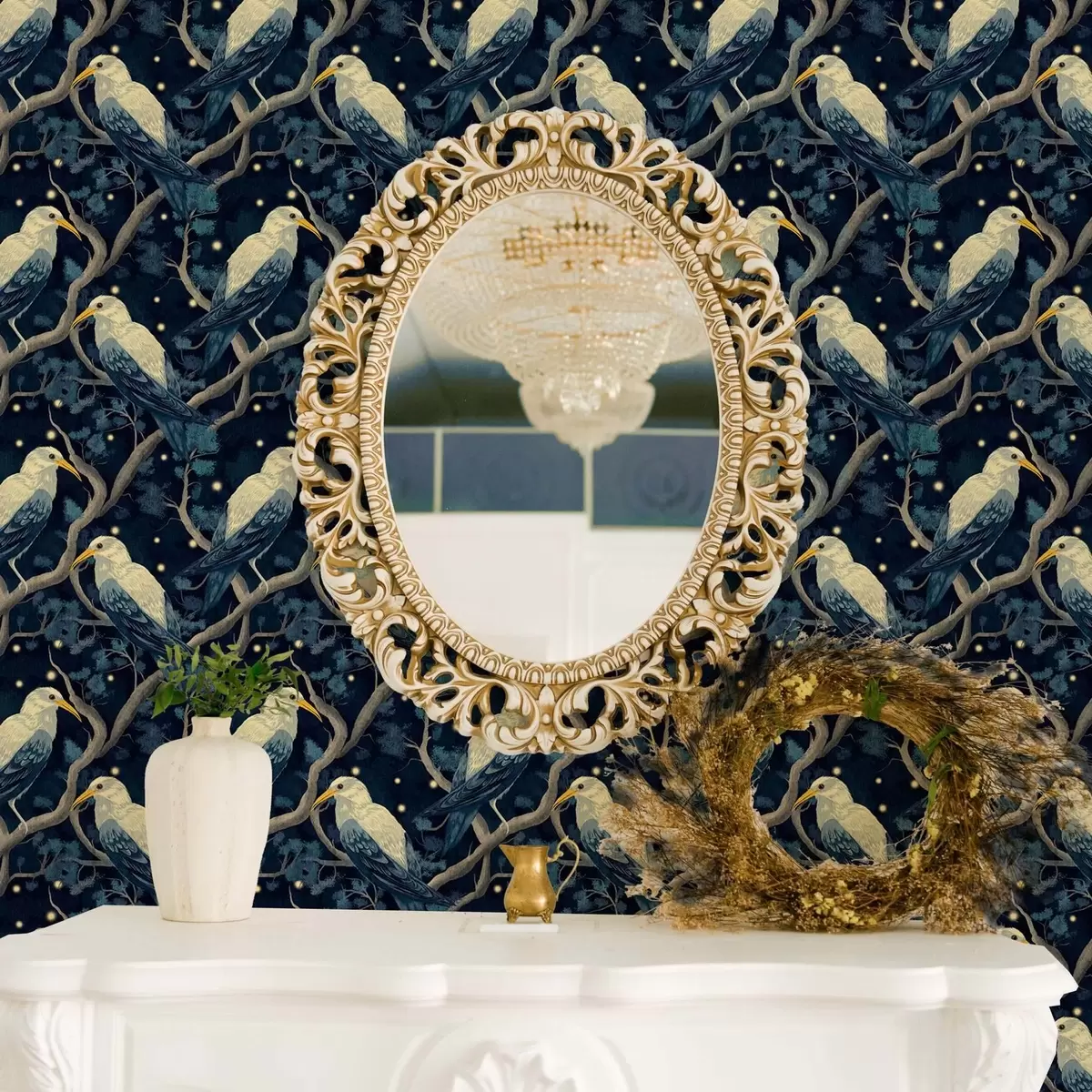 Papel de parede Pássaros brancos em galhos entre vagalumes brilhantes na floresta noturna a00109