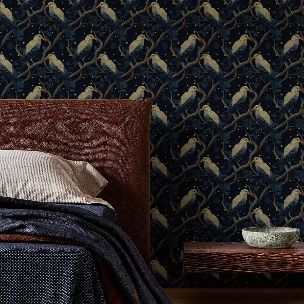 Papel de parede Pássaros noturnos em galhos e estrelas em um fundo azul escuro a00109v1