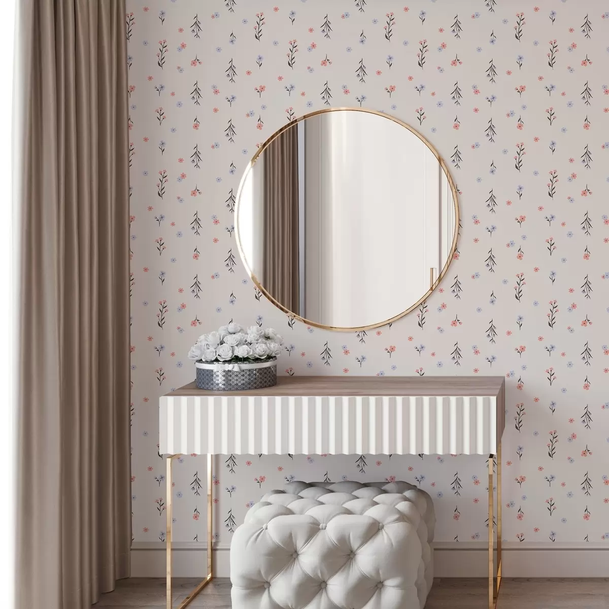 Papel de parede Pequenas flores em tons de rosa pálido e azul em um fundo creme a00110