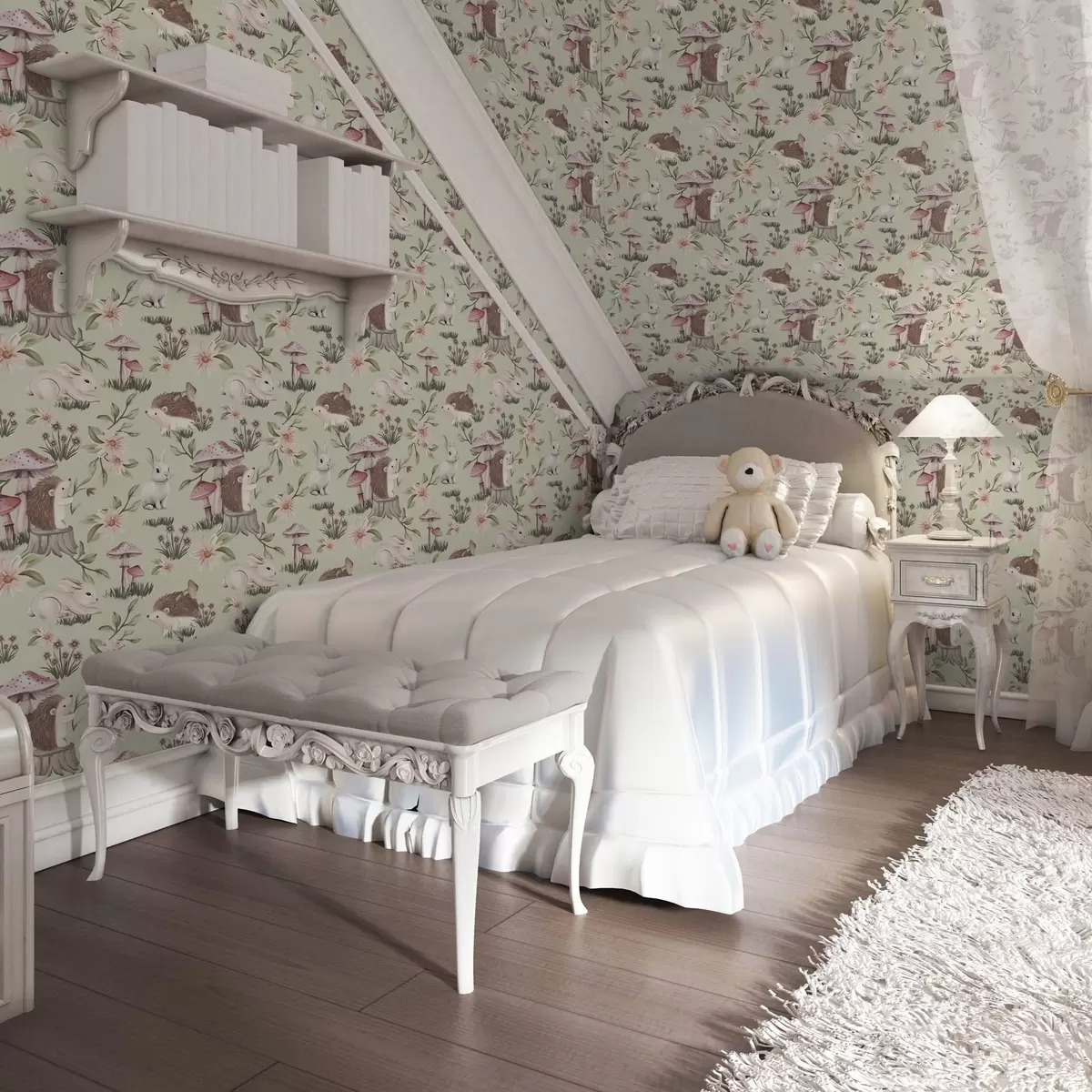 Papel de parede Animais e flores de contos de fadas em um fundo verde em delicadas cores pastéis a00111v1