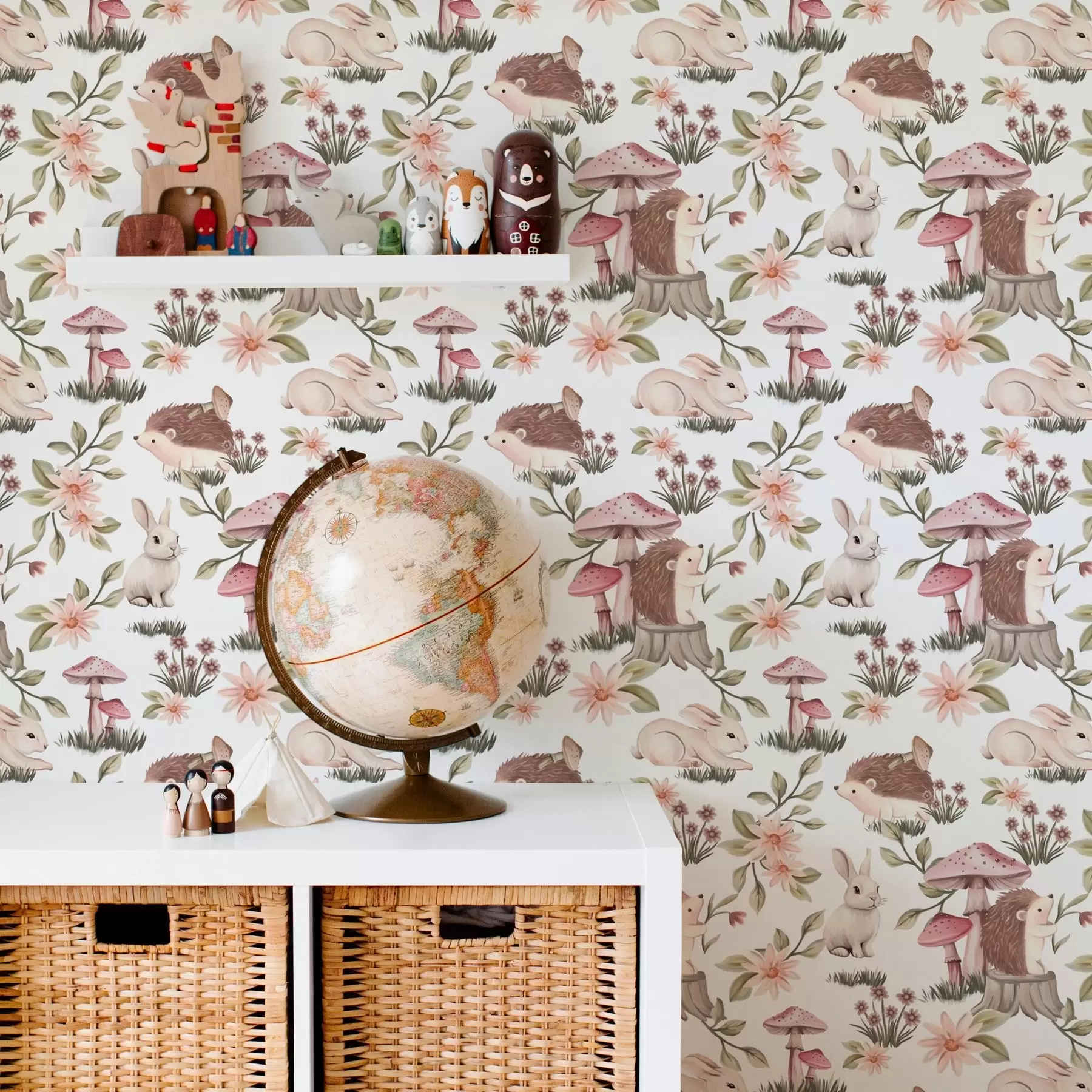 murais de parede Ouriços e coelhos em um fundo branco com flores delicadas e cogumelos a00111v2