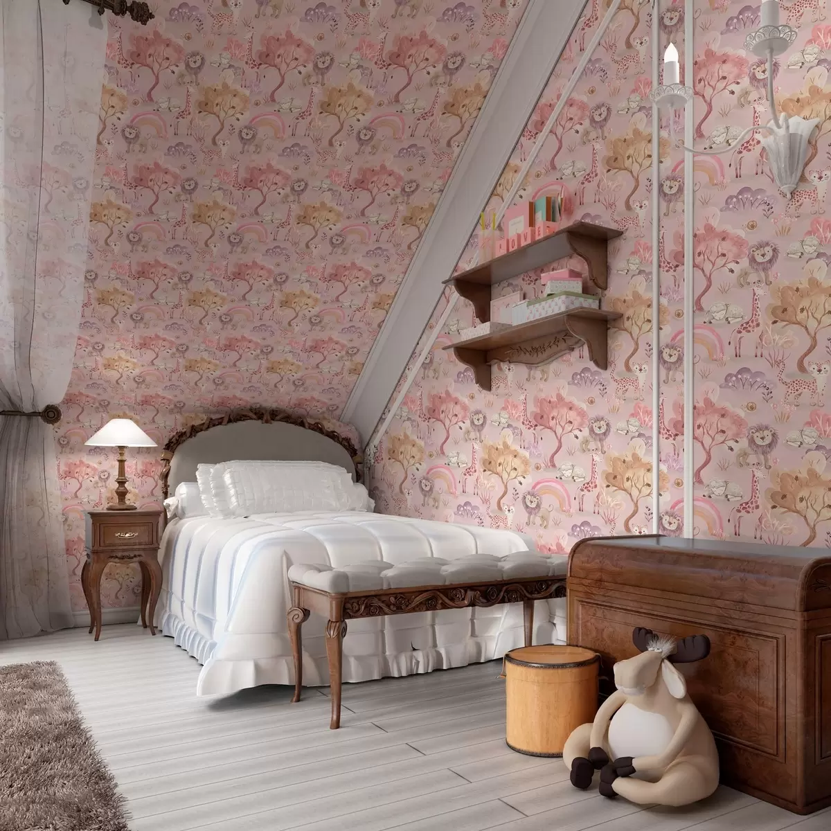 Papel de parede Filhotes de leão, girafas e arco-íris em uma floresta em tons pastéis a00112