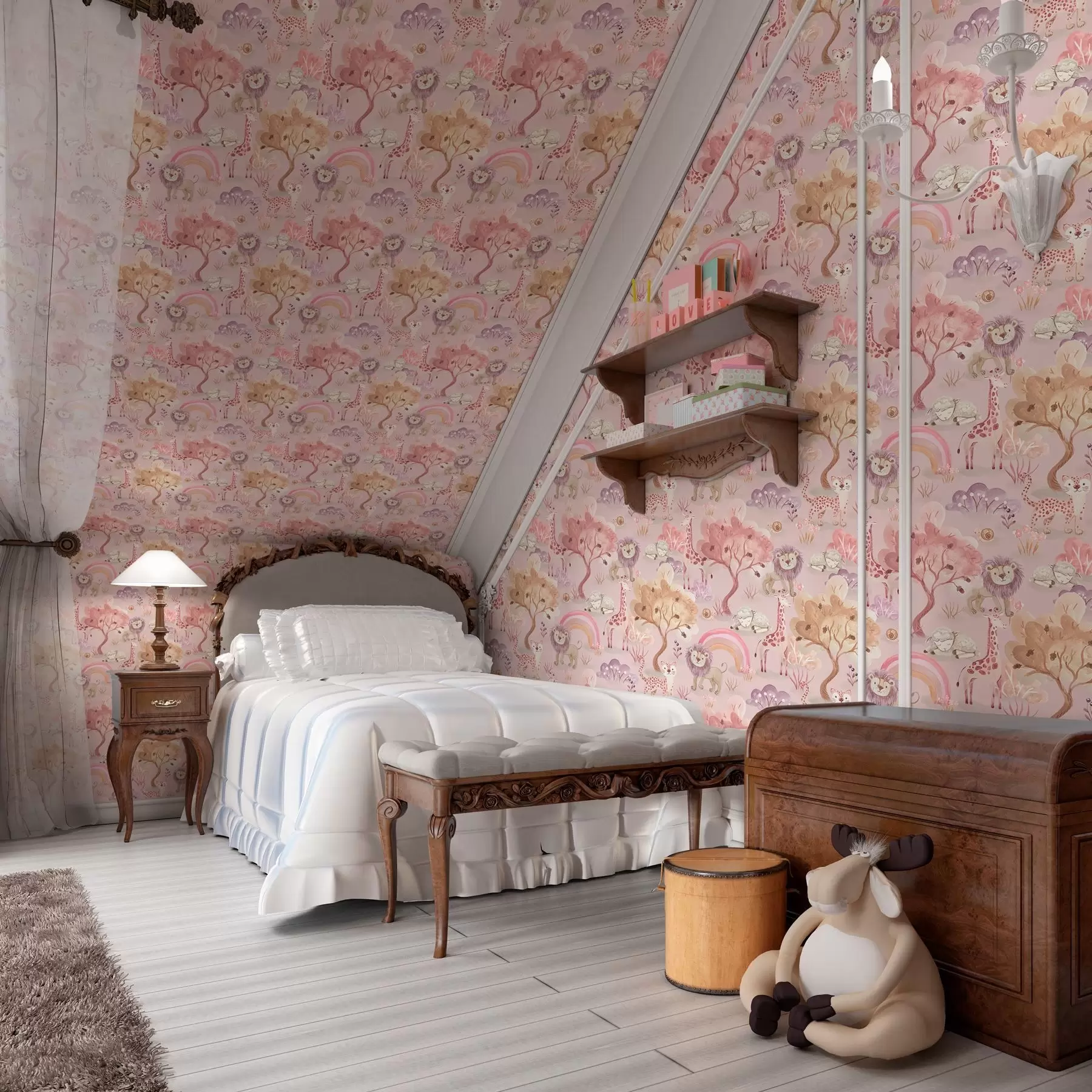 murais de parede Filhotes de leão, girafas e arco-íris em uma floresta em tons pastéis a00112