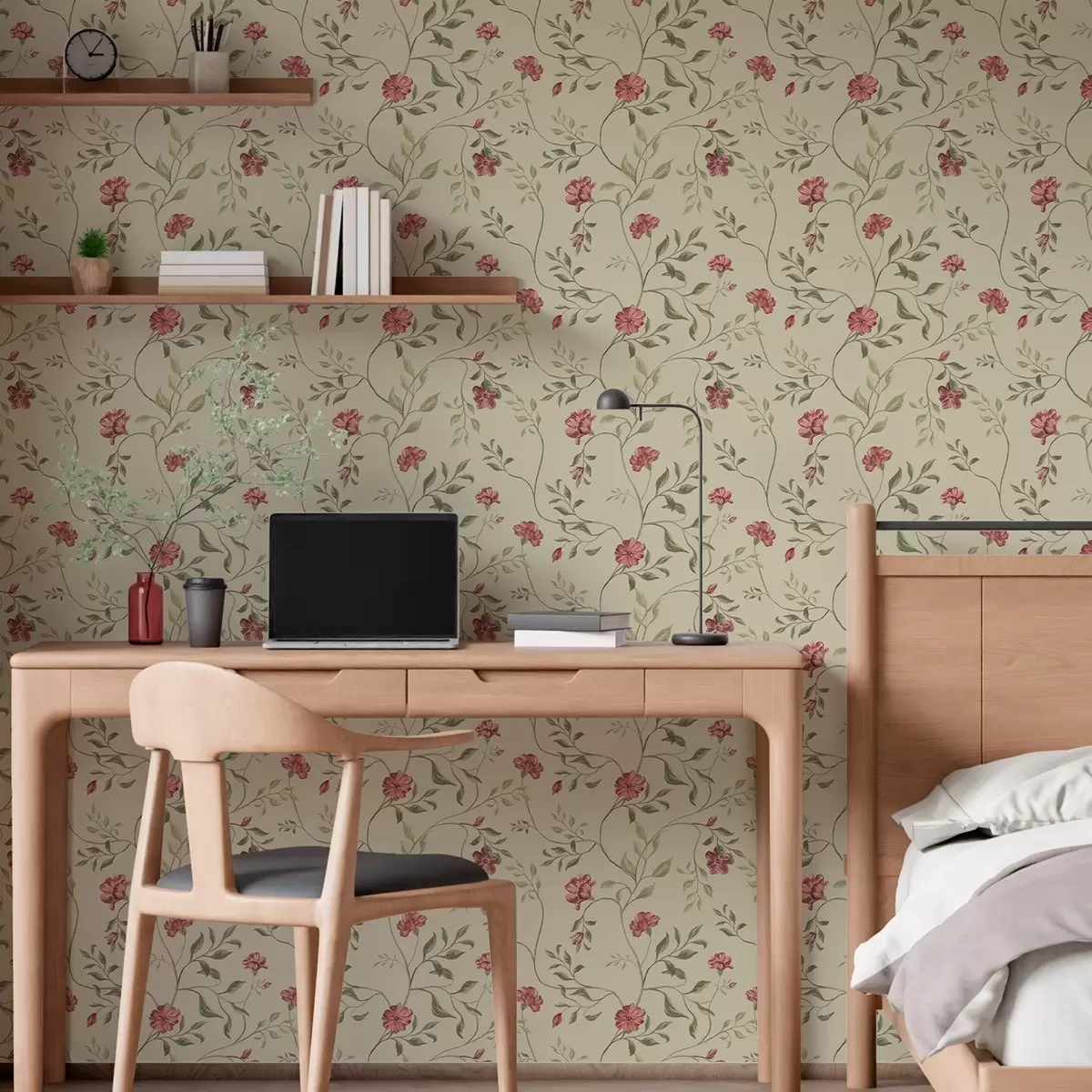 Papel de parede Flores e botões vermelhos em um fundo claro a00114