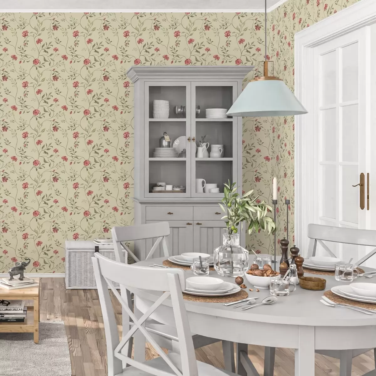 Papel de parede Flores e botões vermelhos em um fundo claro a00114