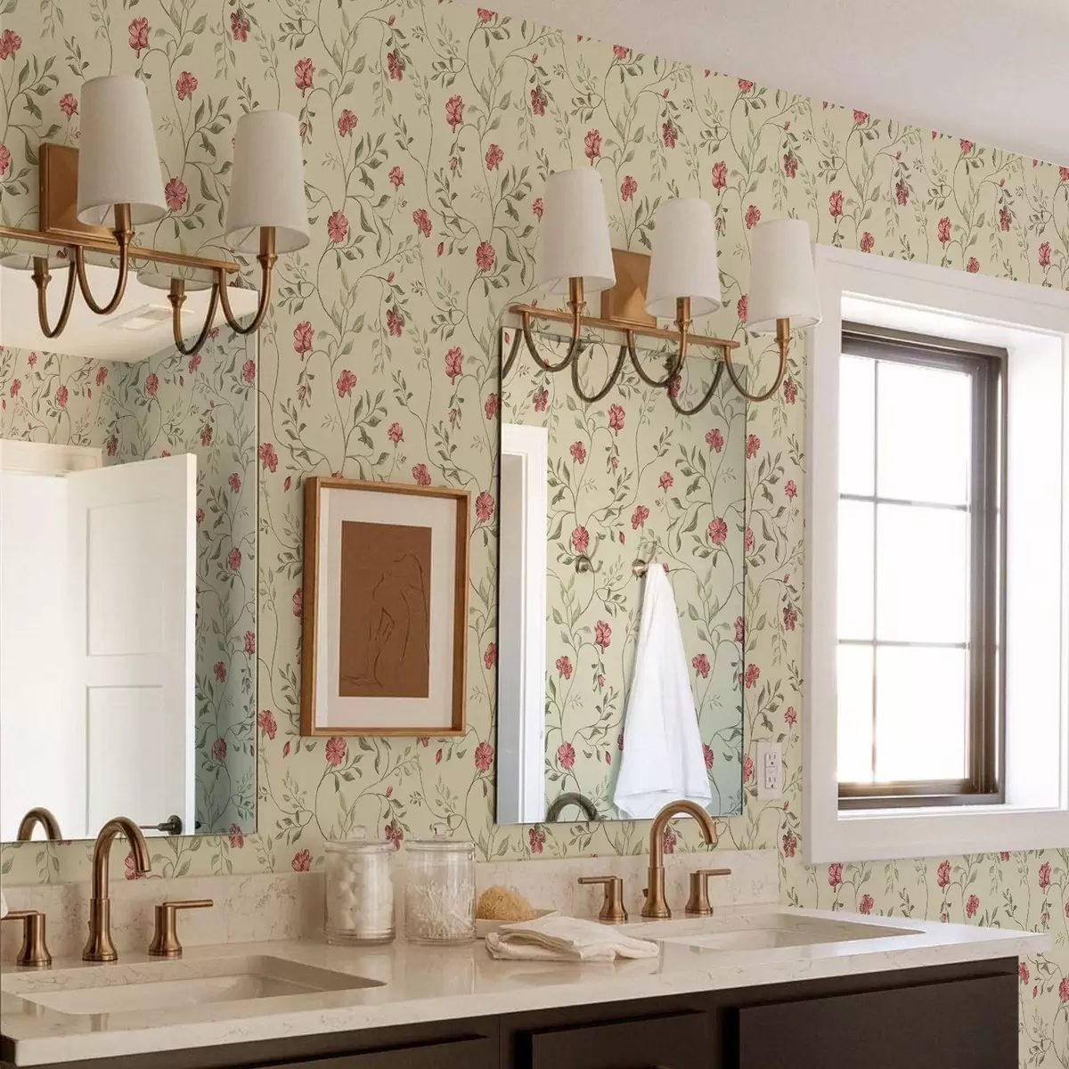 Papel de parede Flores e botões vermelhos em um fundo claro a00114