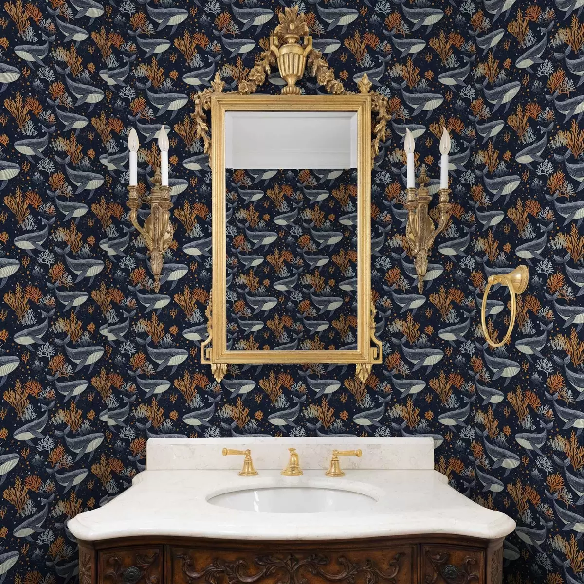 Papel de parede Baleias e corais em um fundo escuro a00116