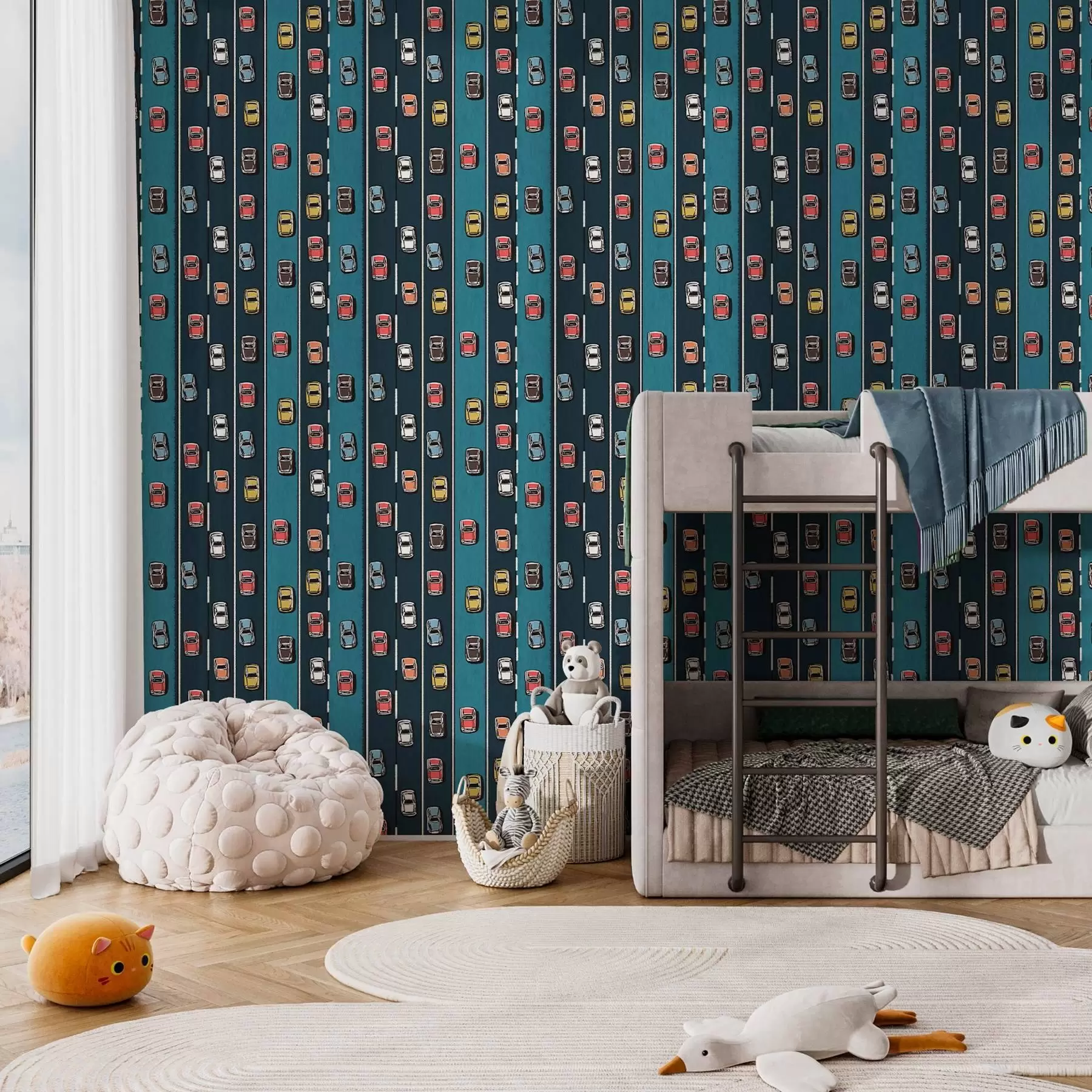 murais de parede Carro retrô em uma estrada azul-marinho no estilo dos anos 60 a00118