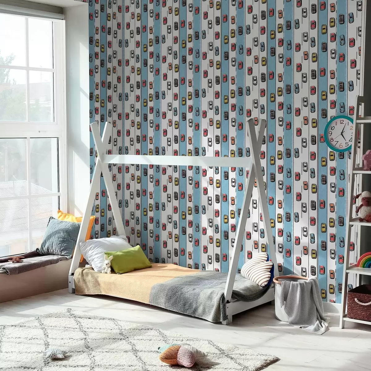 Papel de parede Carro retrô em uma estrada branca e azul no estilo dos anos 60 a00118v2