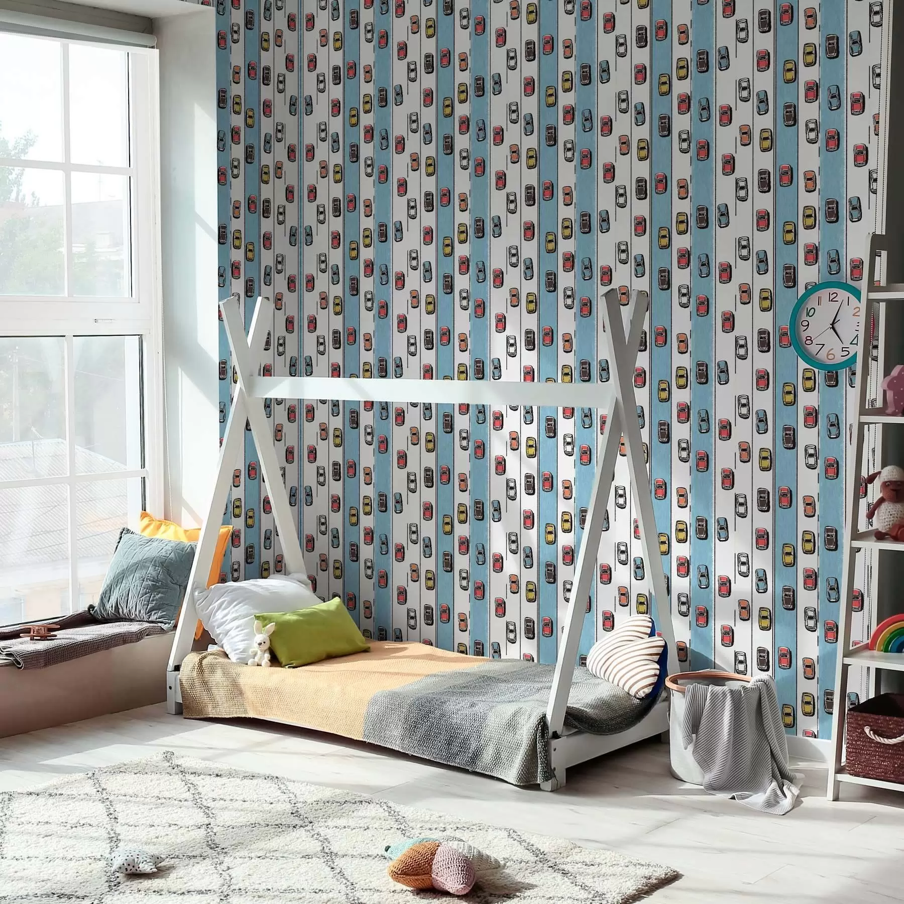 murais de parede Carro retrô em uma estrada branca e azul no estilo dos anos 60 a00118v2