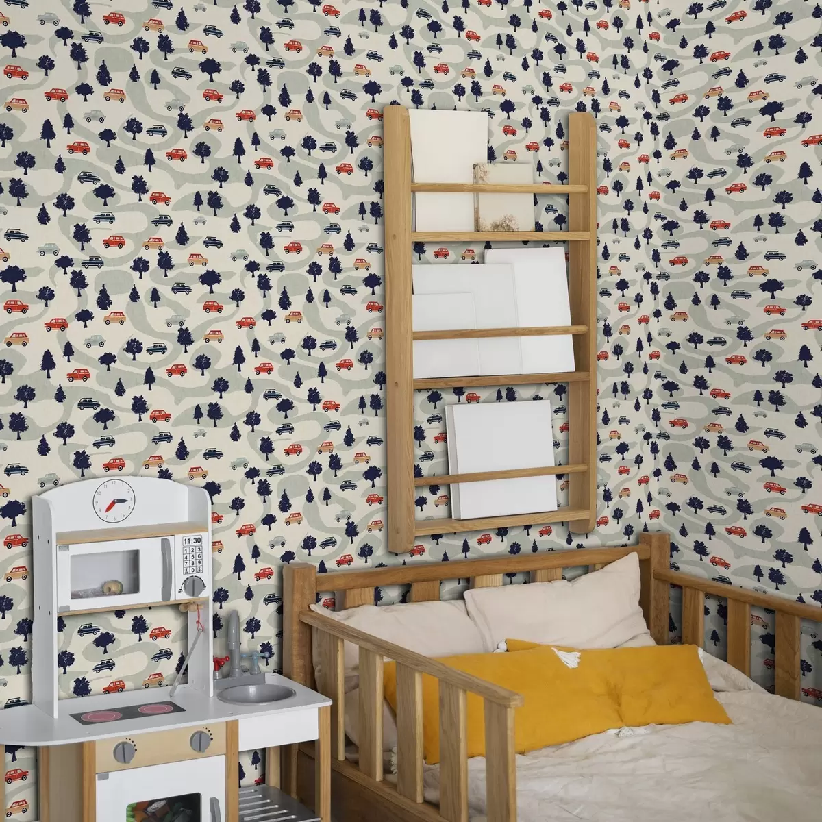 Papel de parede Carros engraçados entre as árvores em um fundo creme a00119