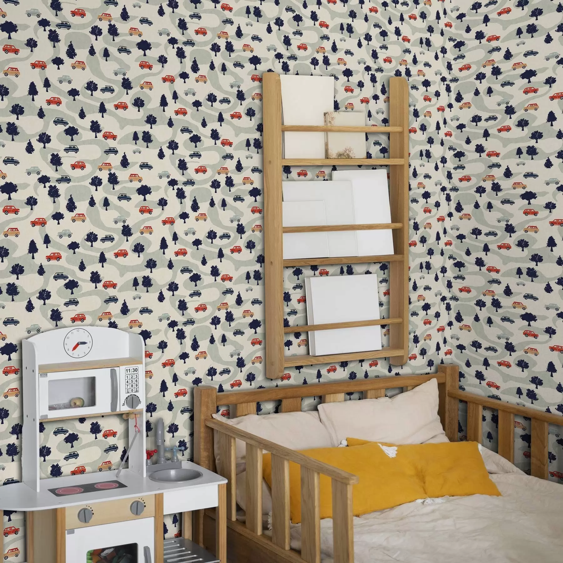 murais de parede Carros engraçados entre as árvores em um fundo creme a00119