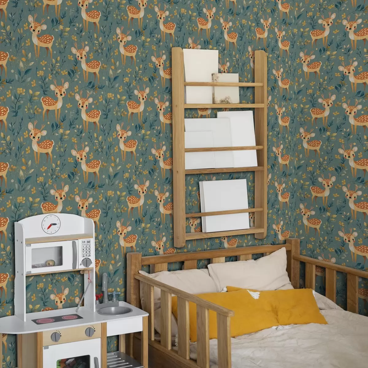 Papel de parede Veado bebê na floresta com folhas amarelas a00124v1