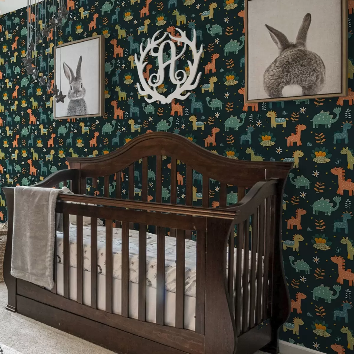 Papel de parede Dinossauros engraçados em tons pastéis em um fundo escuro a00125v2