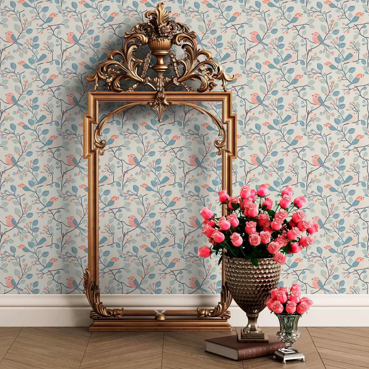 Papel de parede Pássaros e galhos em tons pastéis em um fundo claro a00128