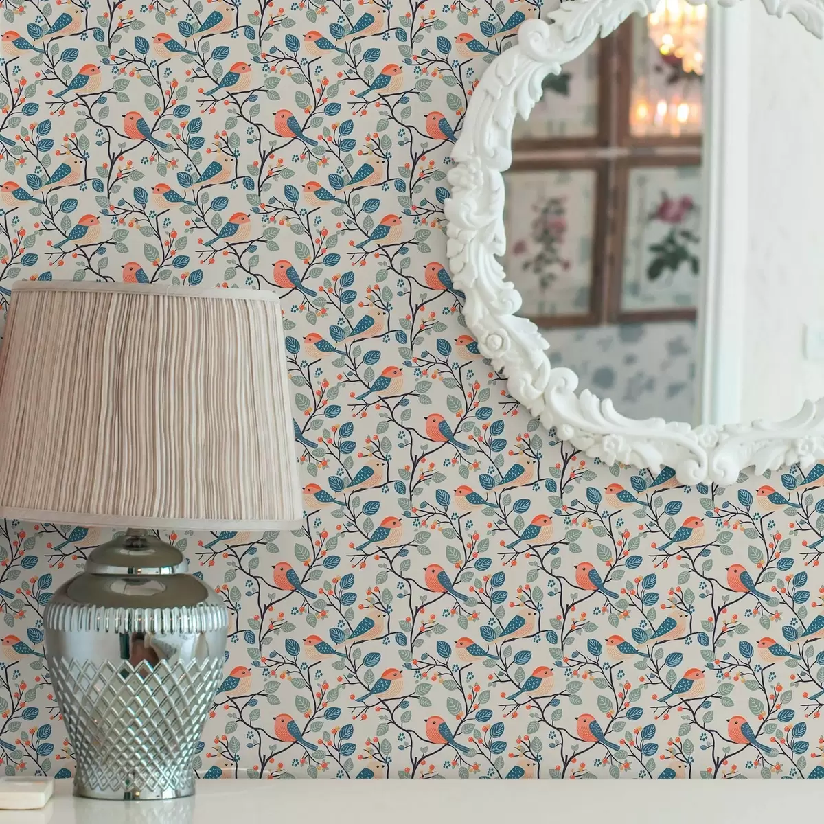 Papel de parede Pássaros em galhos e bagas em cores quentes a00128v1