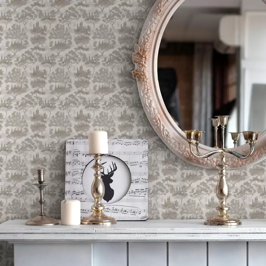 murais de parede Castelo na floresta em estilo cinza e bege a00130