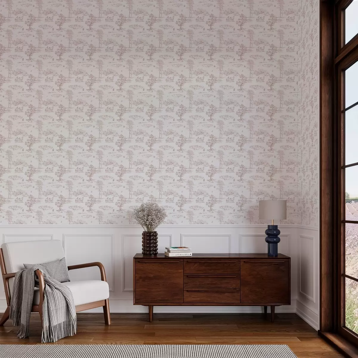 Papel de parede Paisagem rural com castelo e cavalos a00133