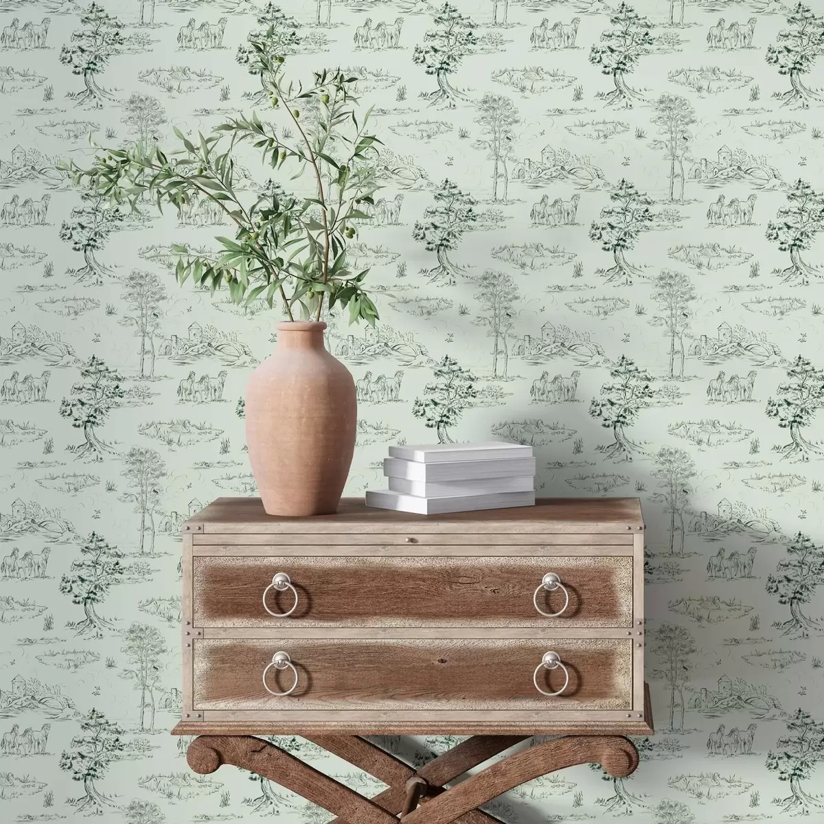 Papel de parede Cena com cavalos, árvores e castelo em um fundo verde a00133v1