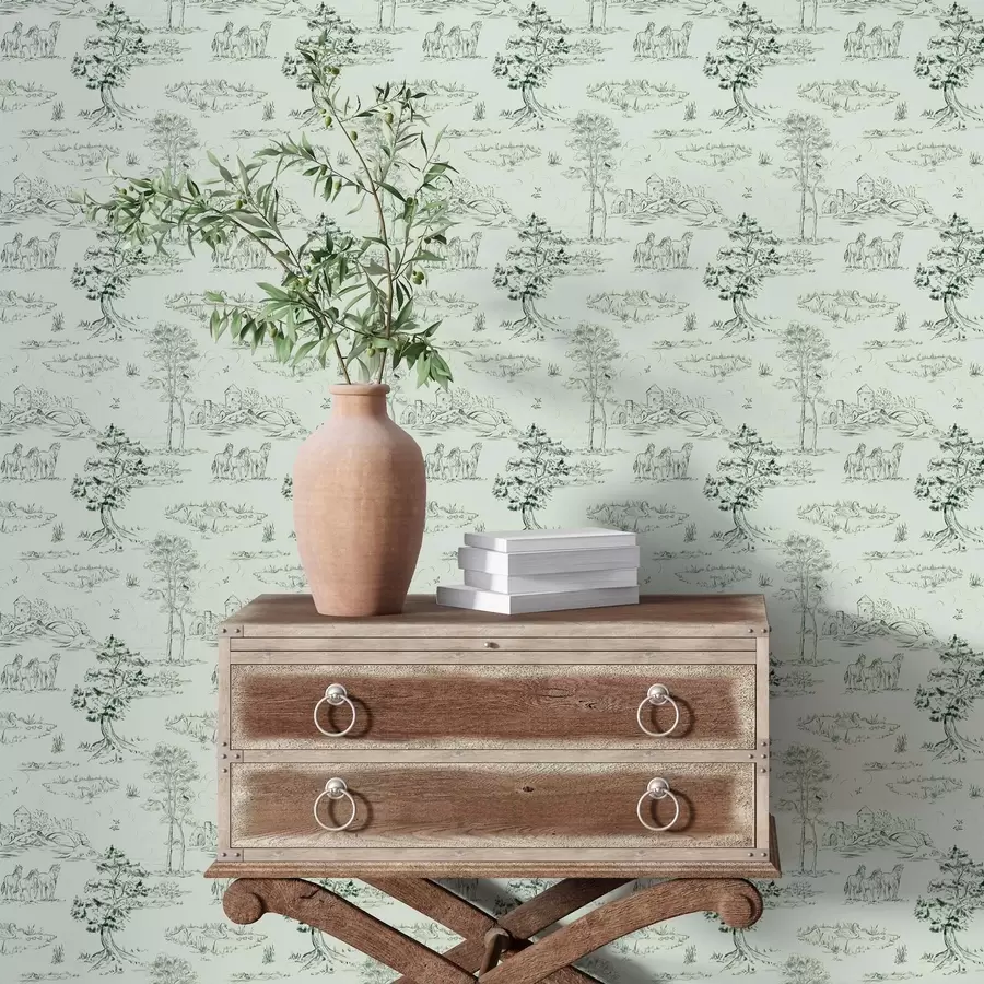 murais de parede Cena com cavalos, árvores e castelo em um fundo verde a00133v1