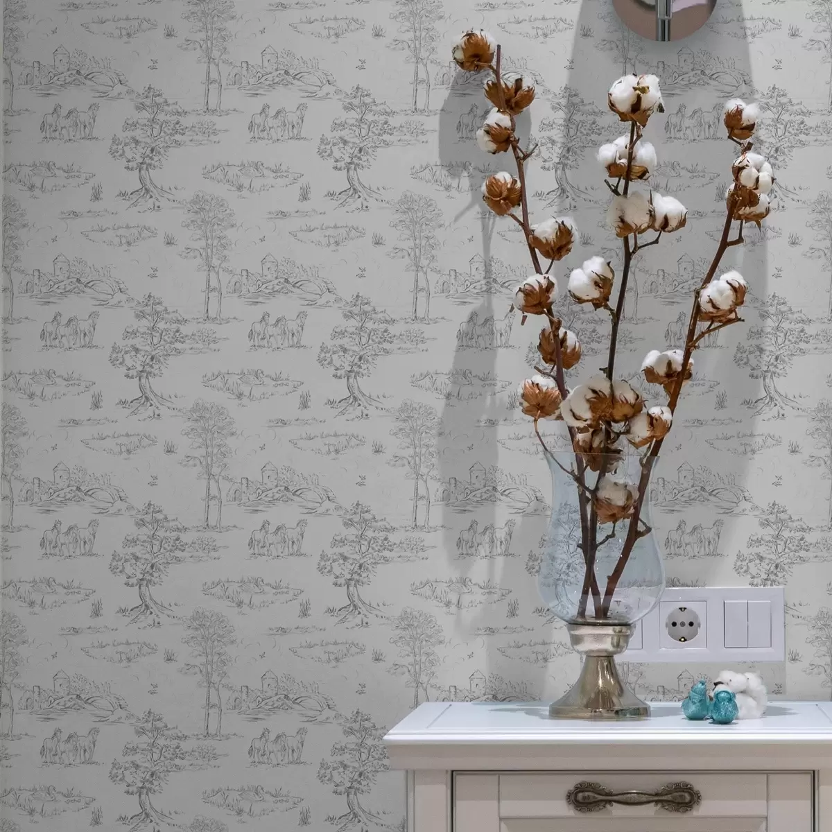 Papel de parede Paisagem com cavalos em estilo cinza e branco a00133v2